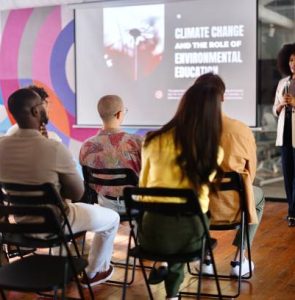 people talking about climate change on a seminar